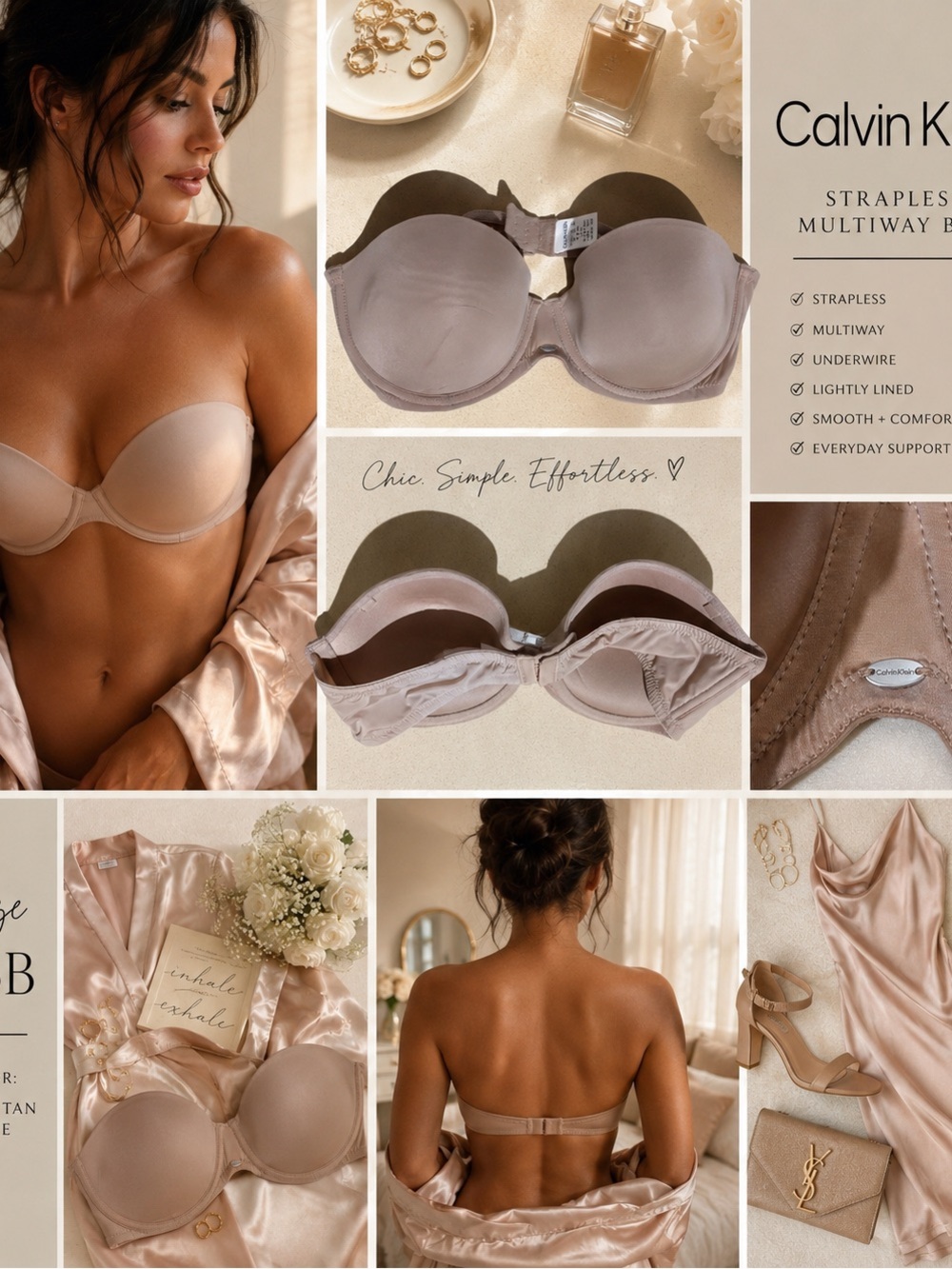 Calvin Klein Strapless Bra 36B Nude Beige Multiway Underwire Lined Convertible